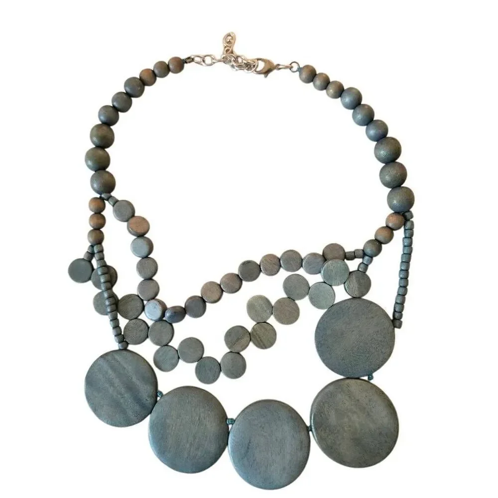 Womens Fashion Statement Aquamarine Wooden Discs And Beads Necklace Blue OS